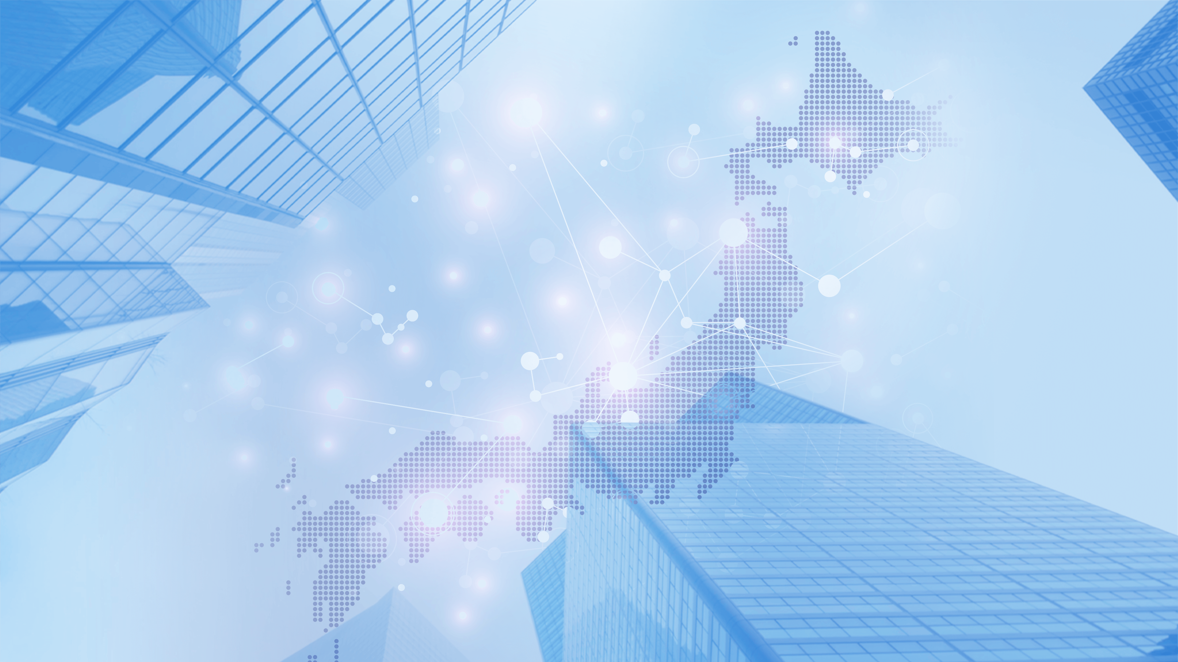 デジタルネットワークで結ばれた日本地図とビル群、全国展開やDXをイメージしたビジュアル