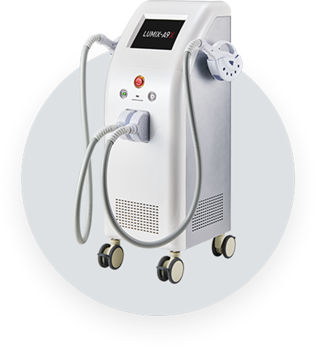 業務用脱毛機LUMIX-A9Xの全体画像、キャスター付きで移動可能な本体デザイン