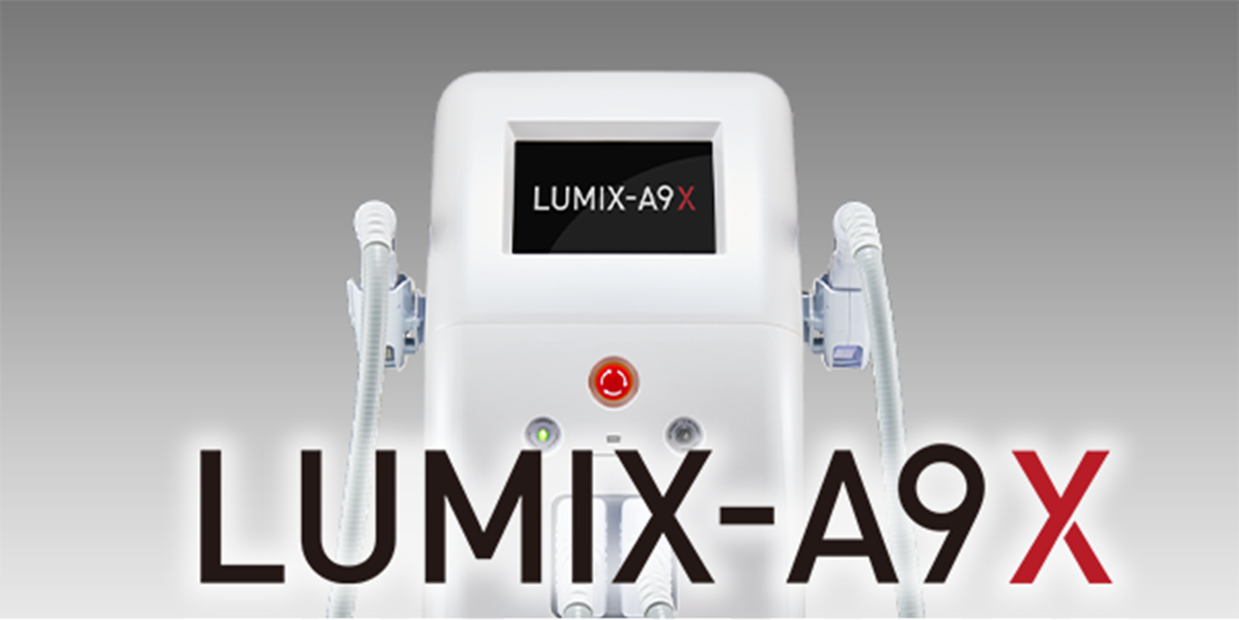 LUMIX-A9X脱毛機の本体とコントロールパネルが映る製品画像、スタイリッシュなグラデーション背景付き